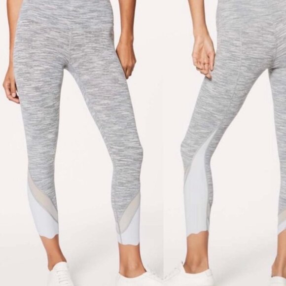 Lululemon Wunder Under Scalloped Hem High-Rise Crop Leggings Grey White size 8 - Picture 1 of 5